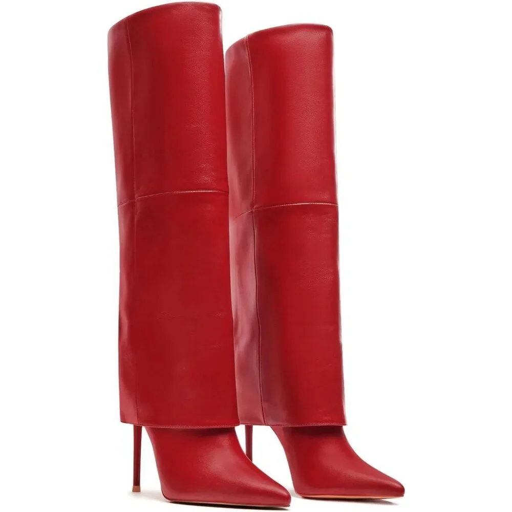 Women's Red Knee High  Wide Calf Pointed Toe Stiletto Fem Flame Stylish Heel